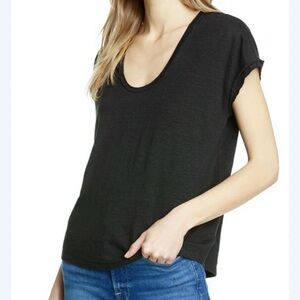 FRAME Easy Scoop Neck Organic Linen T-Shirt in Noir Size Small